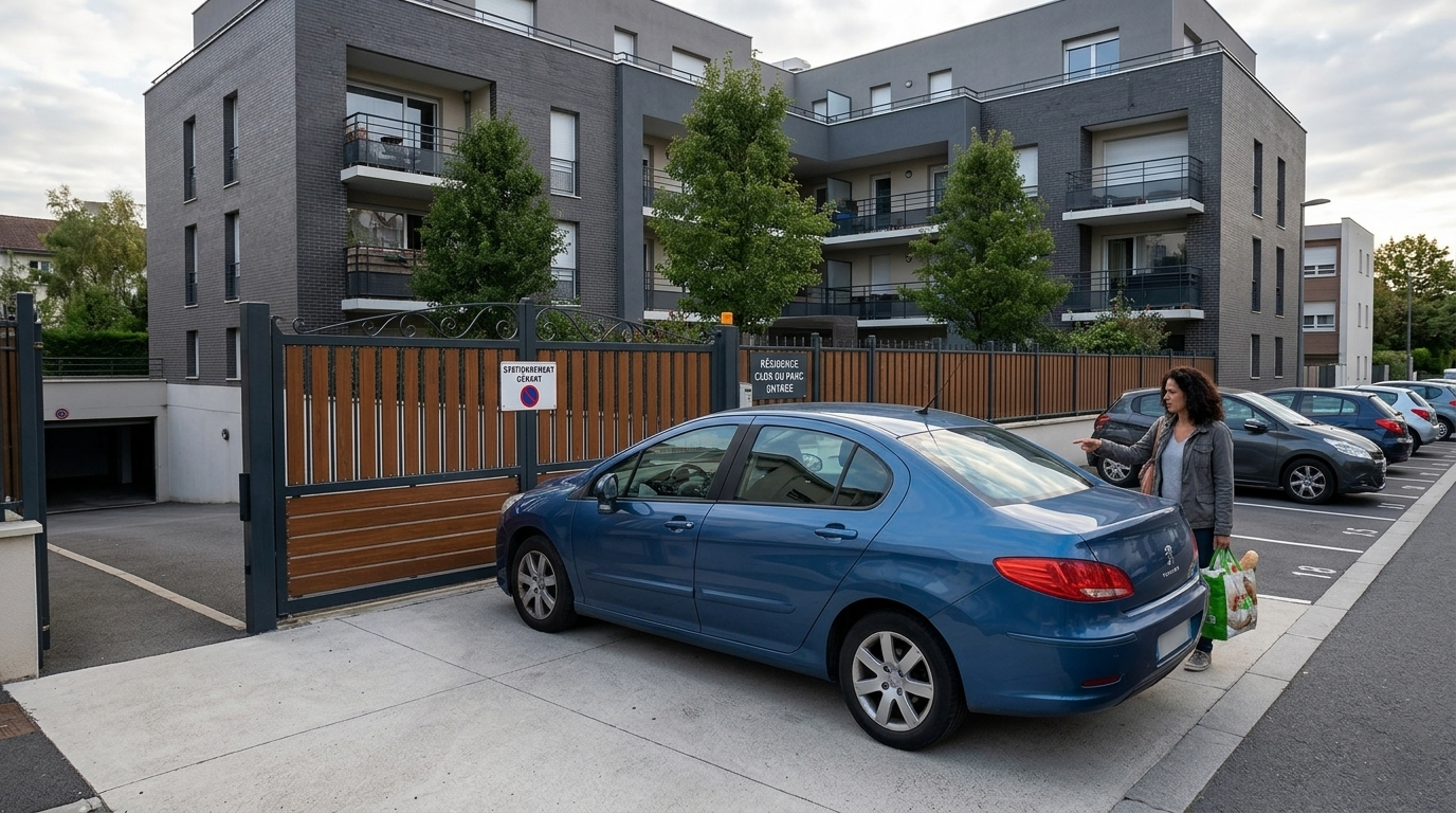 Illustration d'un stationnement gênant devant un immeuble en copropriété