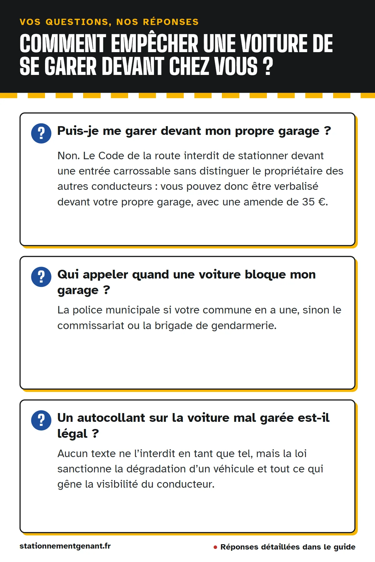 Questions et réponses : Puis-je me garer devant mon propre garage ? Qui appeler quand une voiture bloque mon garage ? Un autocollant sur la voiture mal garée est-il légal ?