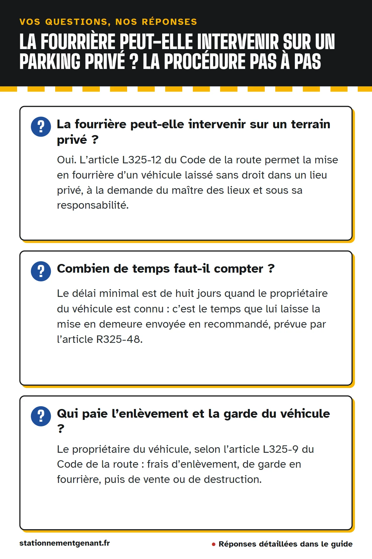 Questions et réponses : La fourrière peut-elle intervenir sur un terrain privé ? Combien de temps faut-il compter ? Qui paie l’enlèvement et la garde du véhicule ?