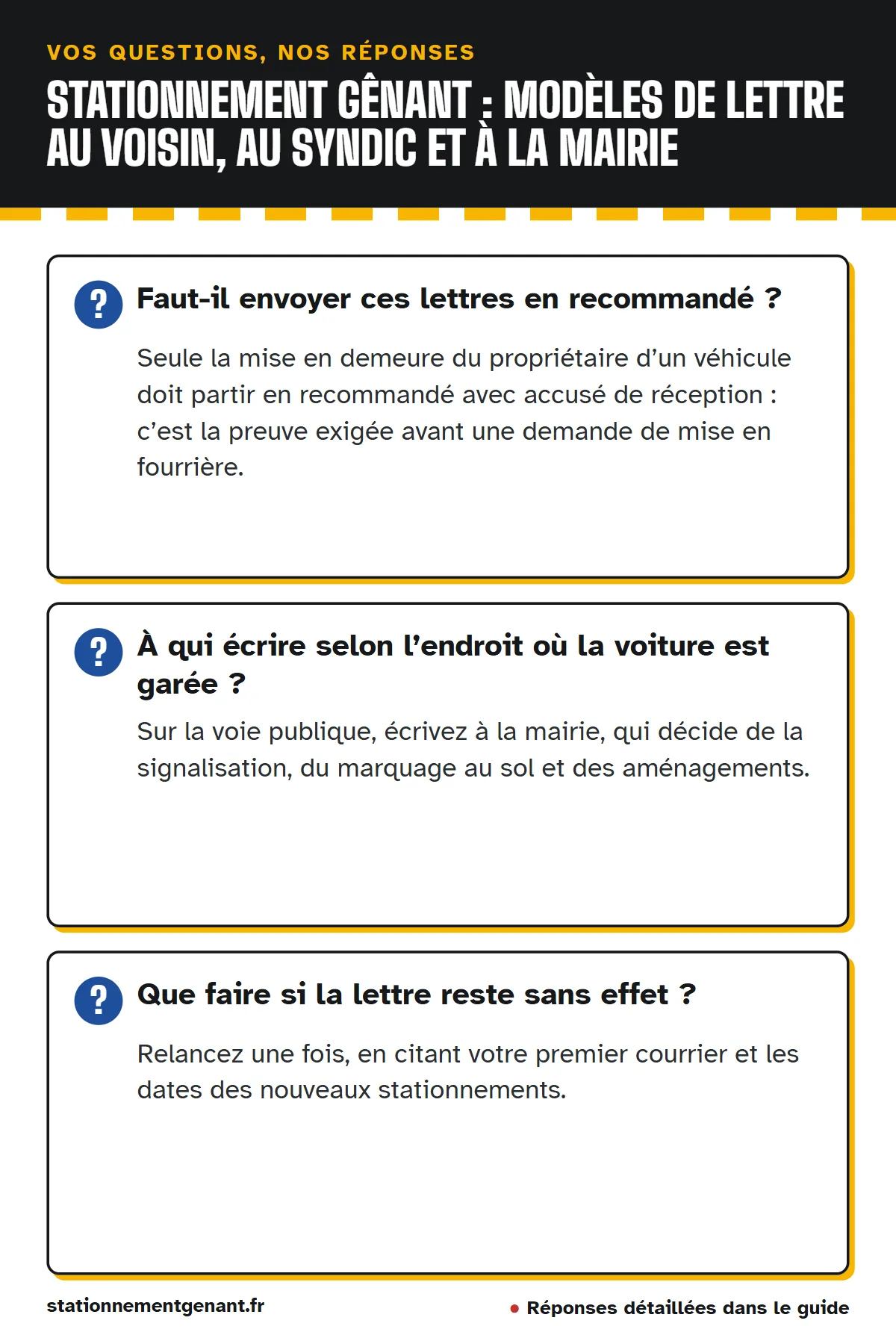 Questions et réponses : Faut-il envoyer ces lettres en recommandé ? À qui écrire selon l’endroit où la voiture est garée ? Que faire si la lettre reste sans effet ?