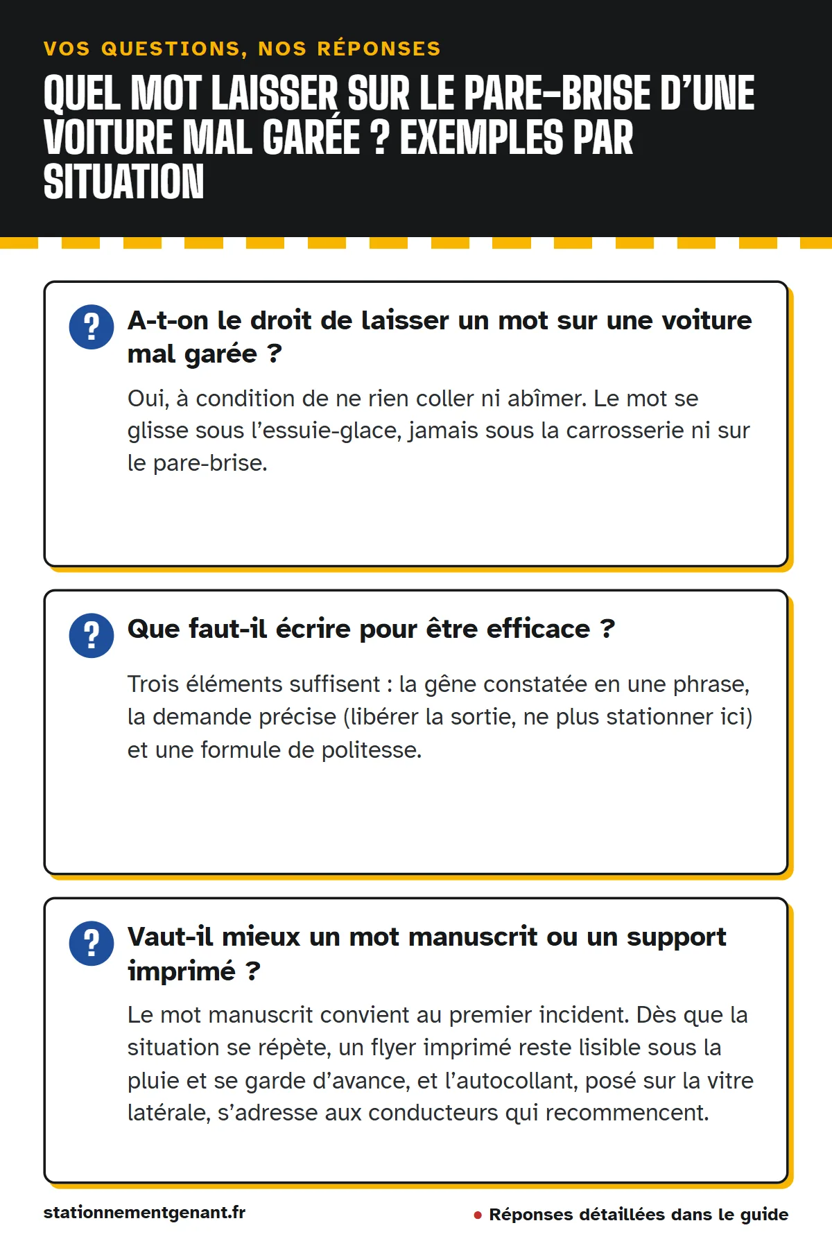 Questions et réponses : A-t-on le droit de laisser un mot sur une voiture mal garée ? Que faut-il écrire pour être efficace ? Vaut-il mieux un mot manuscrit ou un support imprimé ?