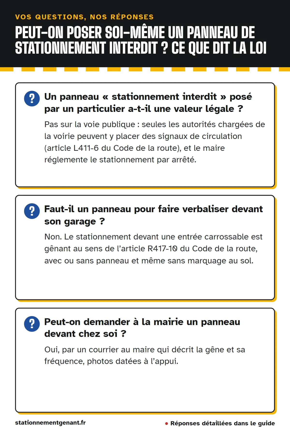 Questions et réponses : Un panneau « stationnement interdit » posé par un particulier a-t-il une valeur légale ? Faut-il un panneau pour faire verbaliser devant son garage ? Peut-on demander à la mairie un panneau devant chez soi…