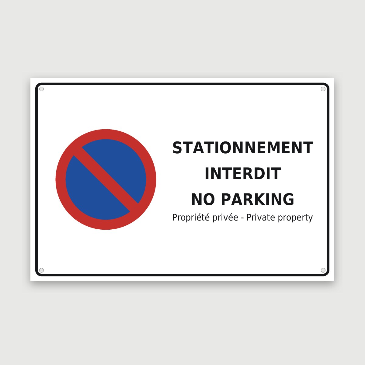 Panneau aluminium stationnement interdit / no parking, aperçu du modèle en 60 × 40 cm