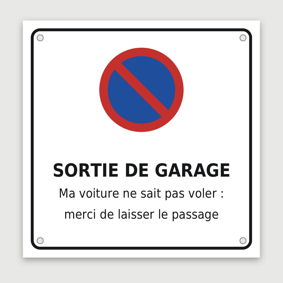 Panneau aluminium humoristique « ma voiture ne sait pas voler », aperçu du modèle en 30 × 30 cm