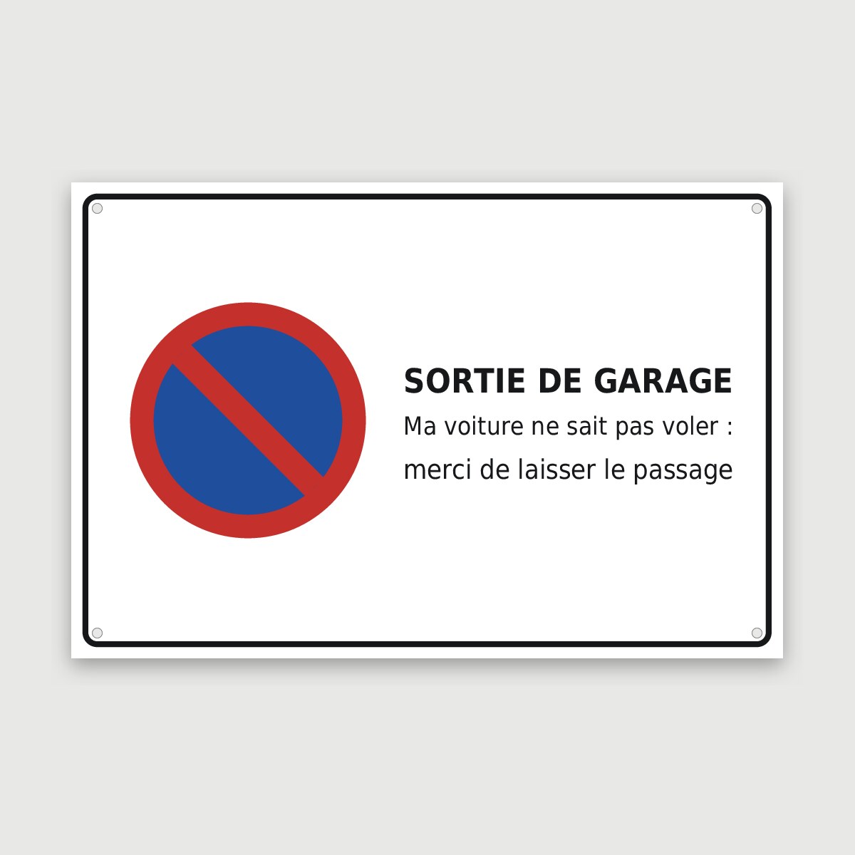 Panneau aluminium humoristique « ma voiture ne sait pas voler », aperçu du modèle en 60 × 40 cm