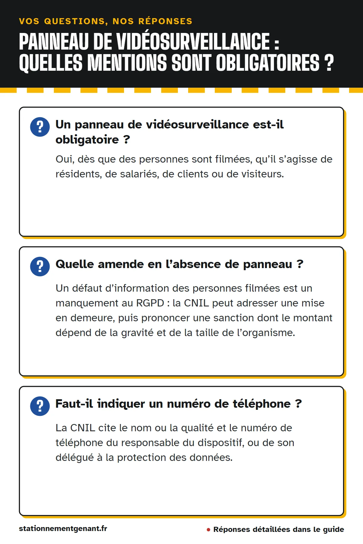 Questions et réponses : Un panneau de vidéosurveillance est-il obligatoire ? Quelle amende en l’absence de panneau ? Faut-il indiquer un numéro de téléphone ?
