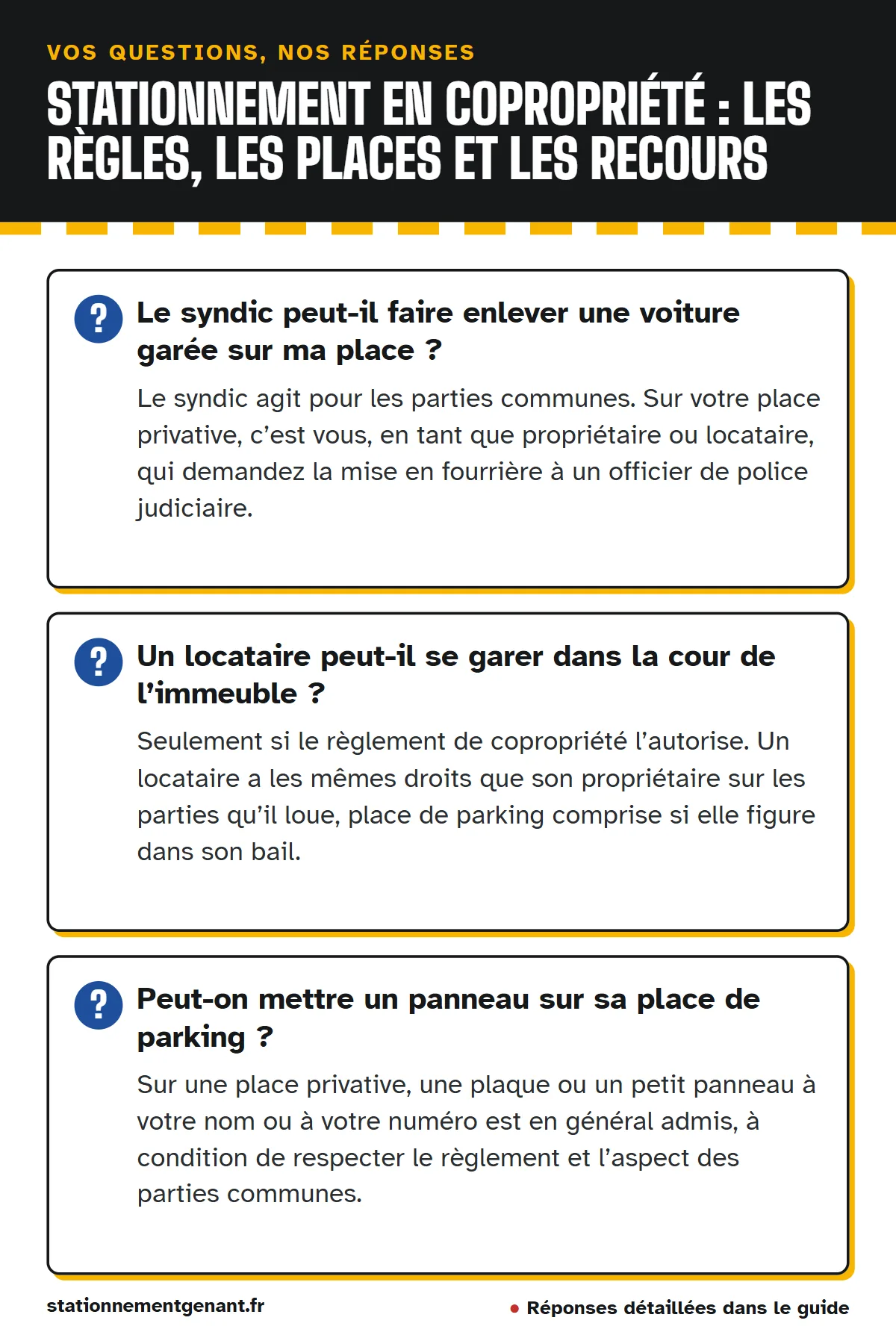 Questions et réponses : Le syndic peut-il faire enlever une voiture garée sur ma place ? Un locataire peut-il se garer dans la cour de l’immeuble ? Peut-on mettre un panneau sur sa place de parking ?
