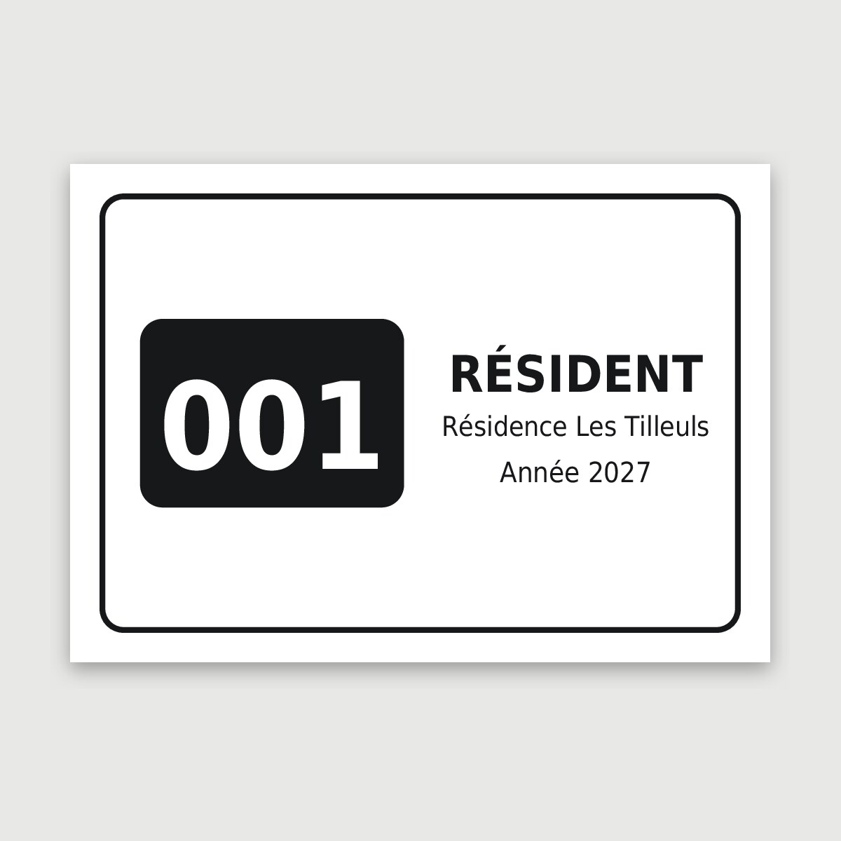 Vignette de pare-brise numérotée résident, aperçu du modèle en 10 × 7 cm